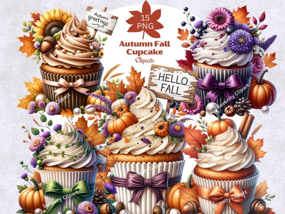 Watercolor Autumn Cupcake Clipart: Thanksgiving & Halloween (Digital Download)