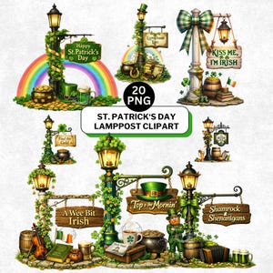 Glad St. Patrick's Day-lyktor Clipart-paket: Akvarell irländska gatubelysningar och shamrockar (digital nedladdning)