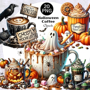Halloween Coffee Clipart, Scary Gothic Watercolor Hot Coffee Drink Clipart, 20 PNG Bundle, Pumpkin, Witch, Instant Download, Commercial Use