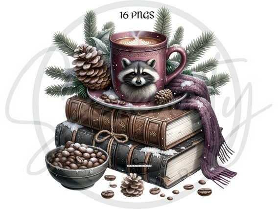 Watercolor Coffee and Book Clipart: Woodland Animal PNG Bundle (Digital Download)