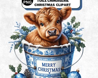 Clipart chinoiserie kerst hooglandkoe: blauwe toile, png (digitale download)