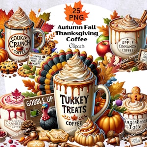Höstkaffe Clipart-paket: Pumpkin Spice Latte, höstmuggar (digital nedladdning av PNG 12 x 12 i 300 DPI)