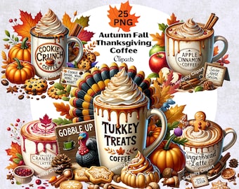 Autumn Coffee Clipart, Cozy Fall Pumpkin Spice Latte, Thanksgiving Coffee Clip Art, Seasonal Harvest Drinks, Coffee Lover PNG, Seasonal Mugs