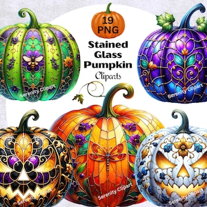 Stained Glass Pumpkin Clipart Bundle: Autumn Floral PNG (Digital Download)