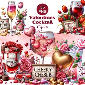 Colección de imágenes prediseñadas de cócteles de San Valentín, acuarela, alcohol, día de San Valentín, sorbo de amor, romántico, descarga digital, uso comercial