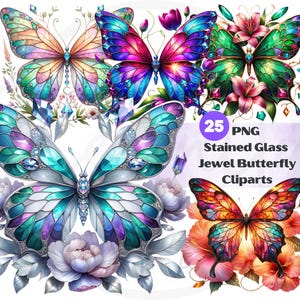 Coleção de clipart de borboletas de vitral, joia de borboleta aquarela PNG, clipart de flores de vitral, download digital, uso comercial