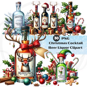 Kerstcocktail feestelijk drankje Clipart PNG, grappige kerstmis alcohol bier drank wijn illustraties | Aquarel vakantiedrankje, digitale download