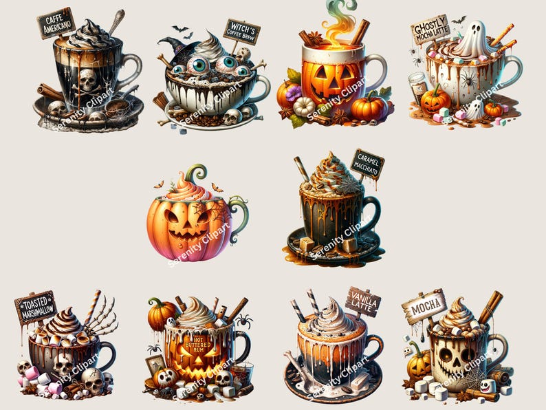 Watercolor Halloween Coffee Clipart, 20 PNG, Pumpkin Spice, Witch, Latte, Espresso, Mocha, Spooky, Hot Coffee, Halloween PNG, Coffee Clipart, Holiday, Birthday, Gift Idea, Sublimation, Junk Journals, Digital Planners, Cards, Mugs, Commercial Use, Spooky Halloween Clipart, Spooky PNG, Halloween PNG, Hot Coffee PNG, Hot Coffee Clipart