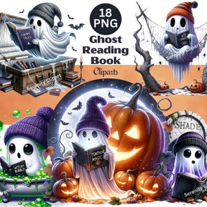 Clipart di libri di lettura fantasma, simpatico fantasma di Halloween, amante dei libri spettrali, clipart di Halloween, clipart di lettura, download immediato, uso commerciale