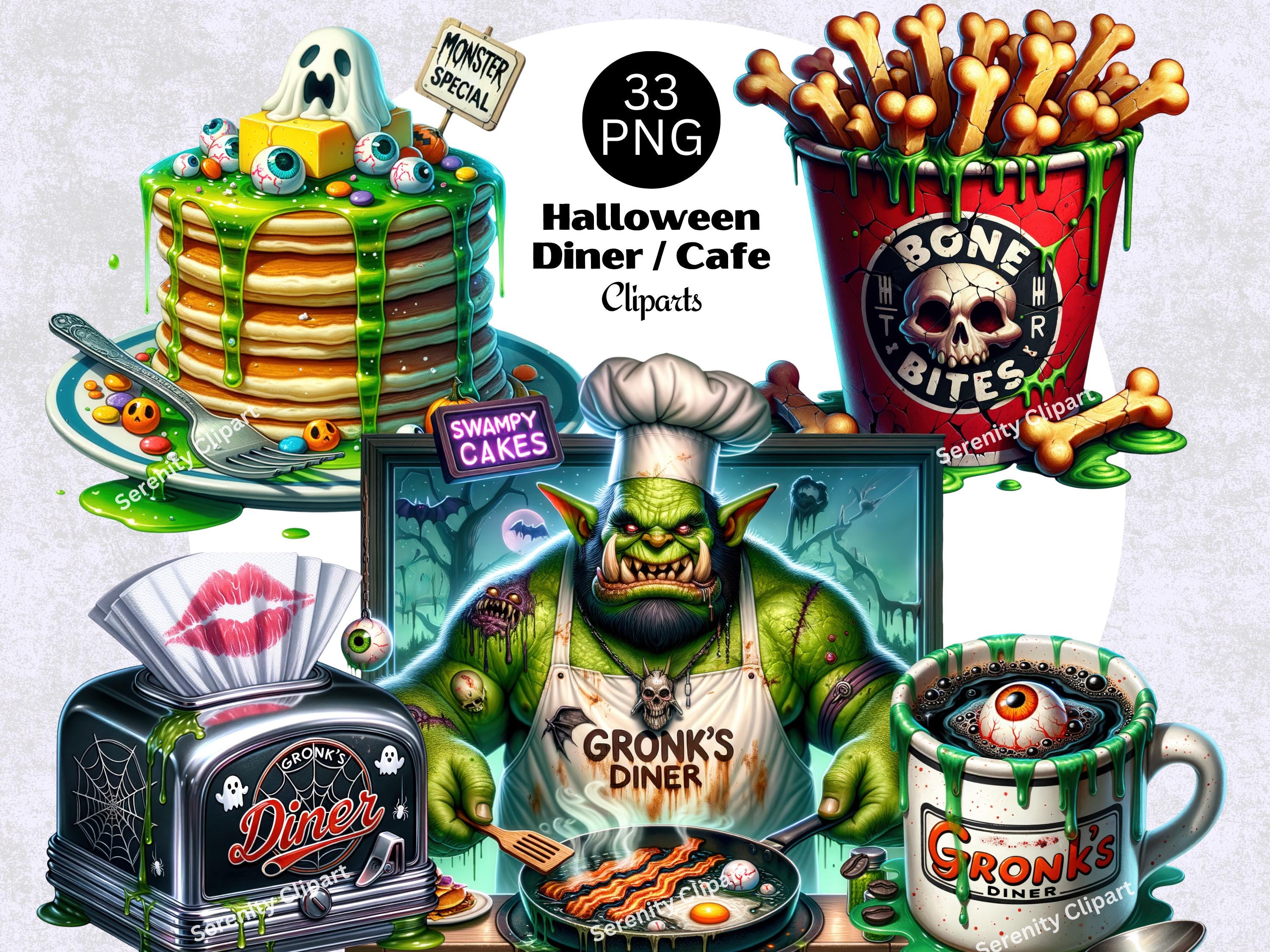 Halloween Storefront Clipart, Spooky Hollow Diner Cafe PNG, Restaurant, Trick or Treat Food Props, Haunted Eatery Scene, Digital Download