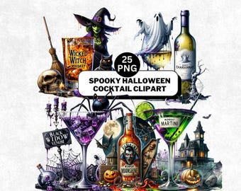 Puede incluir: Ilustración digital con cócteles y elementos de Halloween. Incluye una bruja, un fantasma, una araña, una calavera y varios vasos de cóctel con el texto "Wicked Witch Whiskey", "Black Widow Venom" y "Midnight Martini". La imagen también incluye una botella de "Midnight Moonshine".
