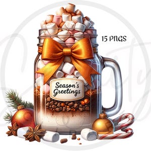Christmas Hot Chocolate Clipart, Mason Jar Clipart, Christmas PNG, Hot Chocolate PNG, Mason Jar PNG, Holiday Hot Cocoa PNG, Merry Christmas, Happy Holidays, Warm Wishes, Festive Clipart, Sublimation, Junk Journals, Instant Download, Commercial Use