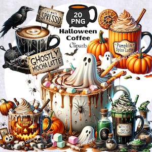 Halloween Coffee Clipart, Scary Gothic Watercolor Hot Coffee Drink Clipart, 20 PNG Bundle, Pumpkin, Witch, Instant Download, Commercial Use