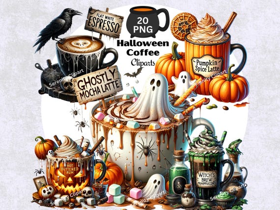 Halloween Coffee Clipart Bundle, Watercolor Gothic Drinks (20 PNG) (Instant Download)