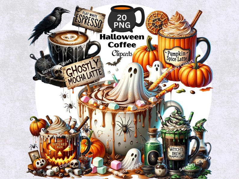 Watercolor Halloween Coffee Clipart, 20 PNG, Pumpkin Spice, Witch, Latte, Espresso, Mocha, Spooky, Hot Coffee, Halloween PNG, Coffee Clipart, Holiday, Birthday, Gift Idea, Sublimation, Junk Journals, Digital Planners, Cards, Mugs, Commercial Use, Spooky Halloween Clipart, Spooky PNG, Halloween PNG, Hot Coffee PNG, Hot Coffee Clipart