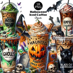 Clipart de café de Halloween, café helado gótico aterrador, PNG espeluznante y espeluznante de Halloween, especias de calabaza, bebidas de brujas, gato negro, descarga digital