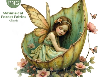 May include: A whimsical fairy with butterfly wings sleeps inside a large green leaf. The fairy is wearing a light blue dress and has long brown hair. The leaf is surrounded by pink flowers and green leaves.
