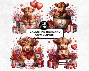 Valentine Highland Cow Clipart: Watercolor PNG Bundle (Digital Download)