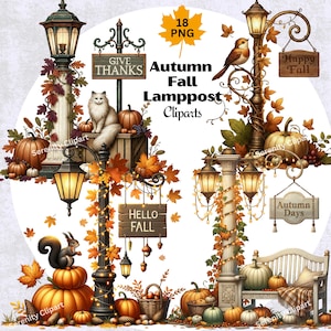 Könnte beinhalten: Aquarell-Illustration von Herbst-Laternenpfahl-Cliparts. Das Bild zeigt verschiedene Laternenpfähle, die mit Kürbissen, Herbstblättern und Schildern mit der Aufschrift "Give Thanks", "Hello Fall", "Happy Fall" und "Autumn Days" geschmückt sind. Ein Eichhörnchen, eine Katze und ein Vogel sind ebenfalls enthalten.