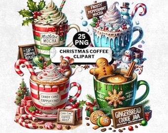 Christmas Coffee Clipart, Holiday Latte Art, Festive Espresso, Peppermint Mocha, Gingerbread Coffee Mug, Cozy Winter Clip Art Drinks PNG