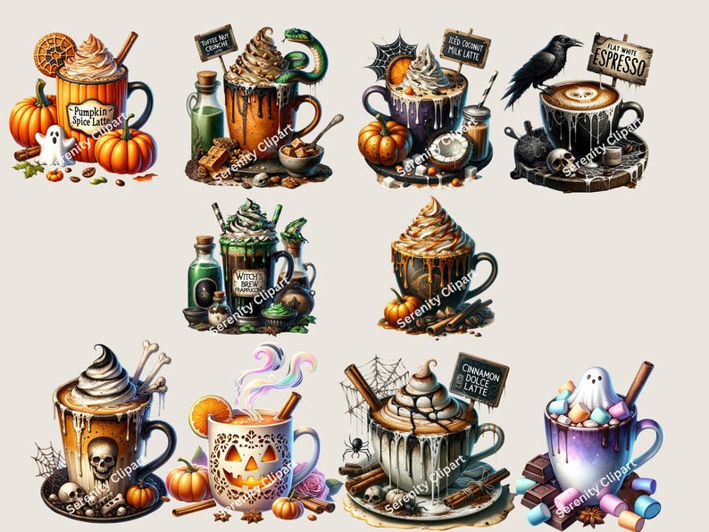 Watercolor Halloween Coffee Clipart, 20 PNG, Pumpkin Spice, Witch, Latte, Espresso, Mocha, Spooky, Hot Coffee, Halloween PNG, Coffee Clipart, Holiday, Birthday, Gift Idea, Sublimation, Junk Journals, Digital Planners, Cards, Mugs, Commercial Use, Spooky Halloween Clipart, Spooky PNG, Halloween PNG, Hot Coffee PNG, Hot Coffee Clipart