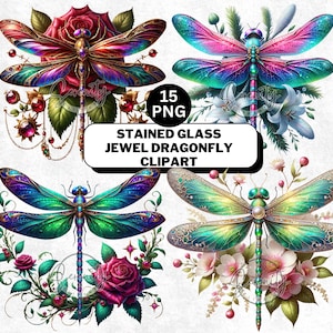 Libélula de vitral: PNG floral en tonos joya (descarga digital)