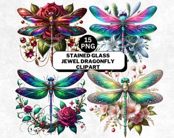 Stained Glass Dragonfly Clipart: Jewel-Toned Floral PNG (Digital Download)