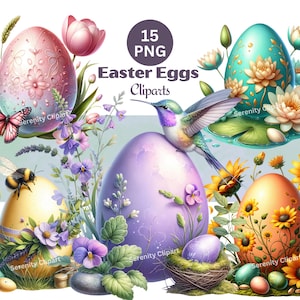 Bundle de cliparts oeufs de Pâques, Nature enchantée Pâques pastel mystique PNG, fleurs florales printemps Clip Art, téléchargement numérique, usage Commercial