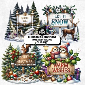 Watercolor Christmas Signpost Clipart Bundle: Holiday PNG (Digital Download)