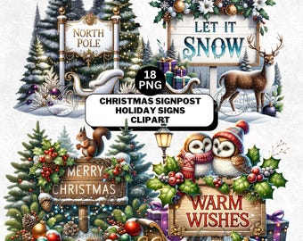 Watercolor Christmas Signpost Clipart Bundle: Holiday PNG (Digital Download)