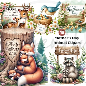 Bundle de cliparts animaux aquarelle fête des mères, mignon maman bébé famille Clip Art PNG, téléchargement numérique, sublimation, journal indésirable, usage Commercial