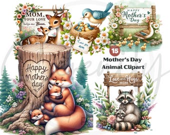 Aquarell Muttertag Tier Clipart: Mama & Baby PNG (digitaler Download)