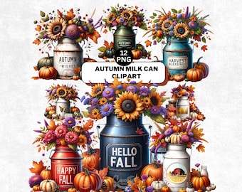 Watercolor Autumn Milk Can Clipart, Farmhouse Fall Floral Sunflower PNG, Digital Download