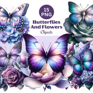 Aquarelle papillons et fleurs Clipart, Clipart papillon, papillon violet PNG, Clipart fleur de printemps, téléchargement numérique, usage Commercial