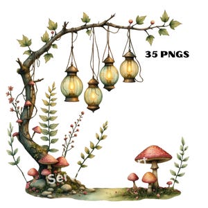 Skogsmark nyckfull älva Clipart, förtrollad magisk skog PNG, rustik svampfantasi Clipart, akvarell älva bilder, digital nedladdning bild 8
