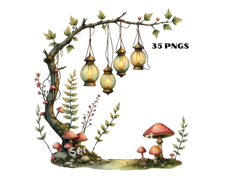 Skogsmark nyckfull älva Clipart, förtrollad magisk skog PNG, rustik svampfantasi Clipart, akvarell älva bilder, digital nedladdning bild 8