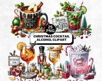 Watercolor Christmas Cocktail Clipart: Festive Drinks, Bar Art (25 PNG, Instant Download)