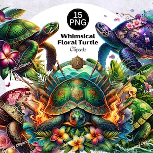 Wunderliche Schildkröte Floral Clipart, bunte Schildkröte PNG, Aquarell Schildkröte Clipart, Blumenschildkröte PNG, wunderliche Schildkröte Kunst, digitaler Download,