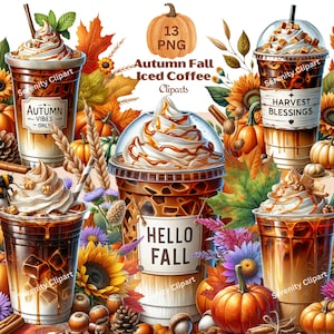 Autumn Iced Coffee Clipart: Pumpkin Spice, Sunflowers (Digital Download, Commercial Use)
