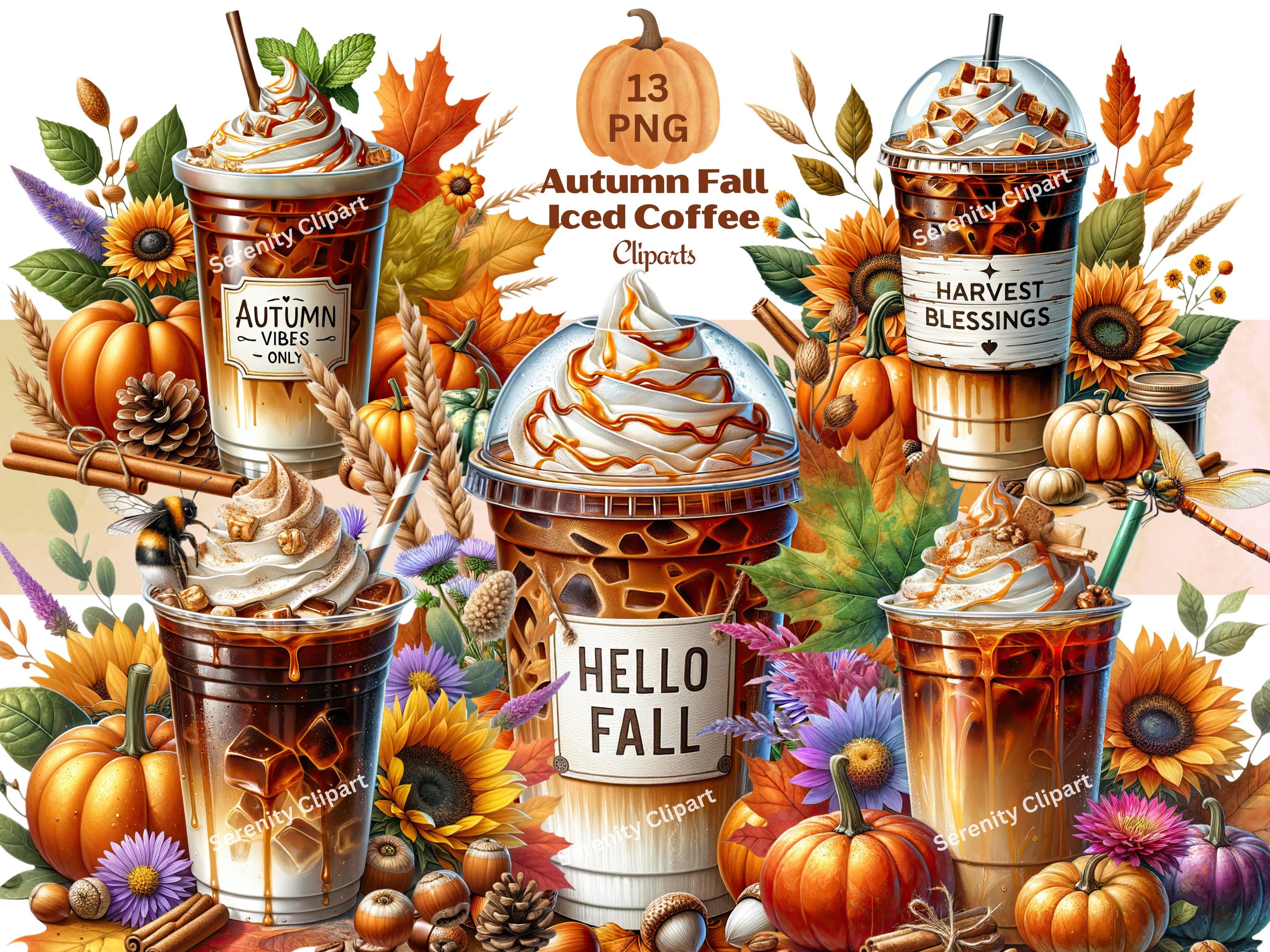 Autumn Coffee Clipart, Hello Fall Ice Coffee Graphics, Cute Harvest Season, Pumpkin Spice, Sunflowers PNG, Digital Download, Commercial Use