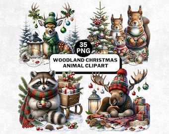 Akvarell juldjur Clipart: Skogsmark PNG Bundle Digital Nedladdning