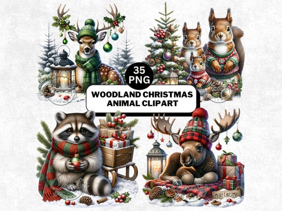 Watercolor Christmas Animal Clipart: Woodland PNG Bundle Digital Download