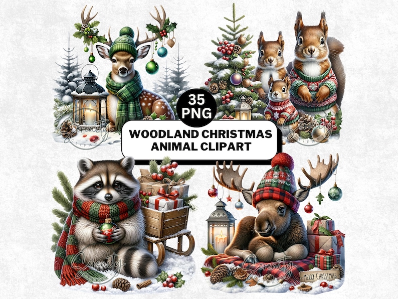 Watercolor Christmas Animal Clipart: Woodland PNG Bundle Digital ...