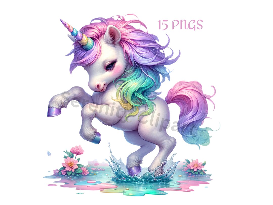 Watercolor Baby Unicorn Bundle Clipart, 15 PNG Pastel Unicorn, Cute ...