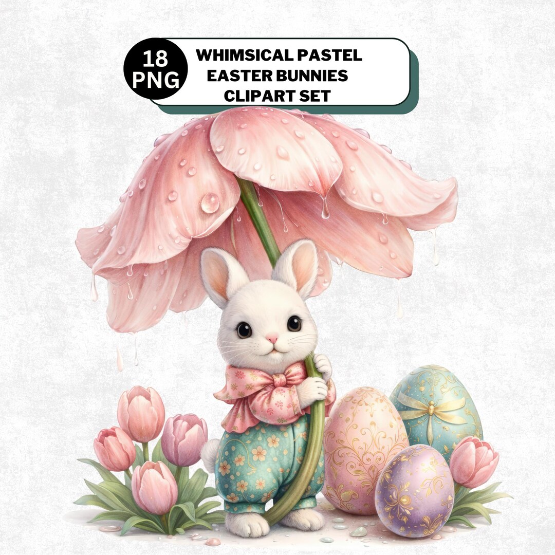 Whimsical Easter Bunny Clipart Bundle, Pastel Spring Bunnies PNG ...