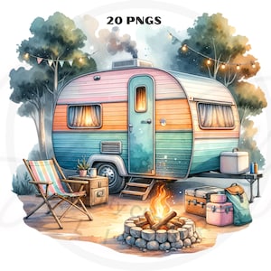 Aquarelle caravane camper remorque clipart, 20 cliparts remorque PNG, aventure, camping, caravane, scrapbooking, sublimation, usage Commercial