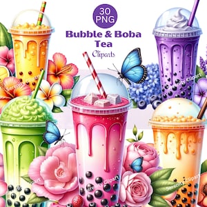 Bundle de cliparts Bubble Tea, mignon Boba Tea PNG, Bubble Tea d'été, Clipart boissons mignons, graphiques d'été, Clipart Tropical, téléchargement numérique