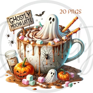 Clipart caffè di Halloween, clipart bevanda caffè caldo acquerello gotico spaventoso, pacchetto 20 PNG, zucca, strega, download istantaneo, uso commerciale