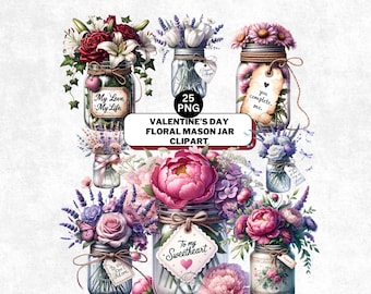 Valentine's Day Floral Mason Jar Clipart: Watercolor Flower PNG Bundle (Digital Download)