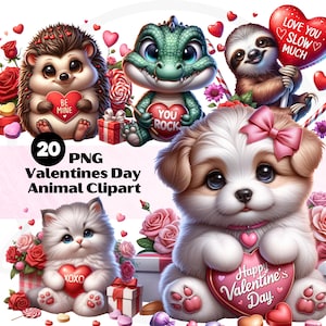 Valentines Day Animal Clipart Bundle, Cute Baby Valentine Animal PNG, Watercolor Valentine Animal Clip Art, Digital Download, Commercial Use